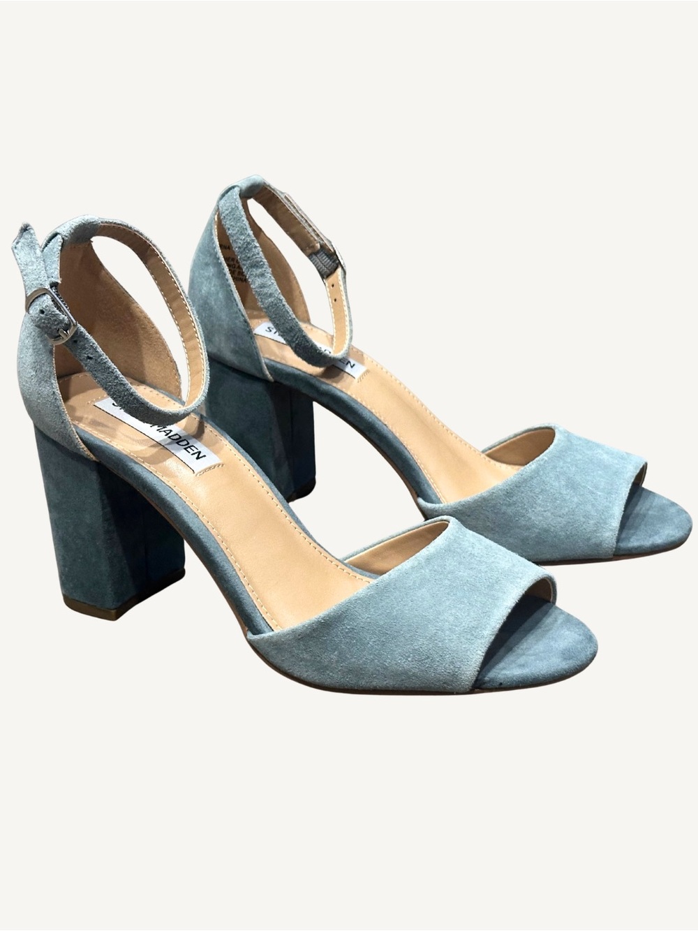 Steve Madden Size 8 Dusty Blue Suede Block Heel Sandals Ankle Strap Like New Box